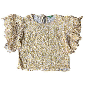Dip Blouse Sz XL Floral Mustard Yellow Flutter Shortsleee Boho Indie Fall Womens